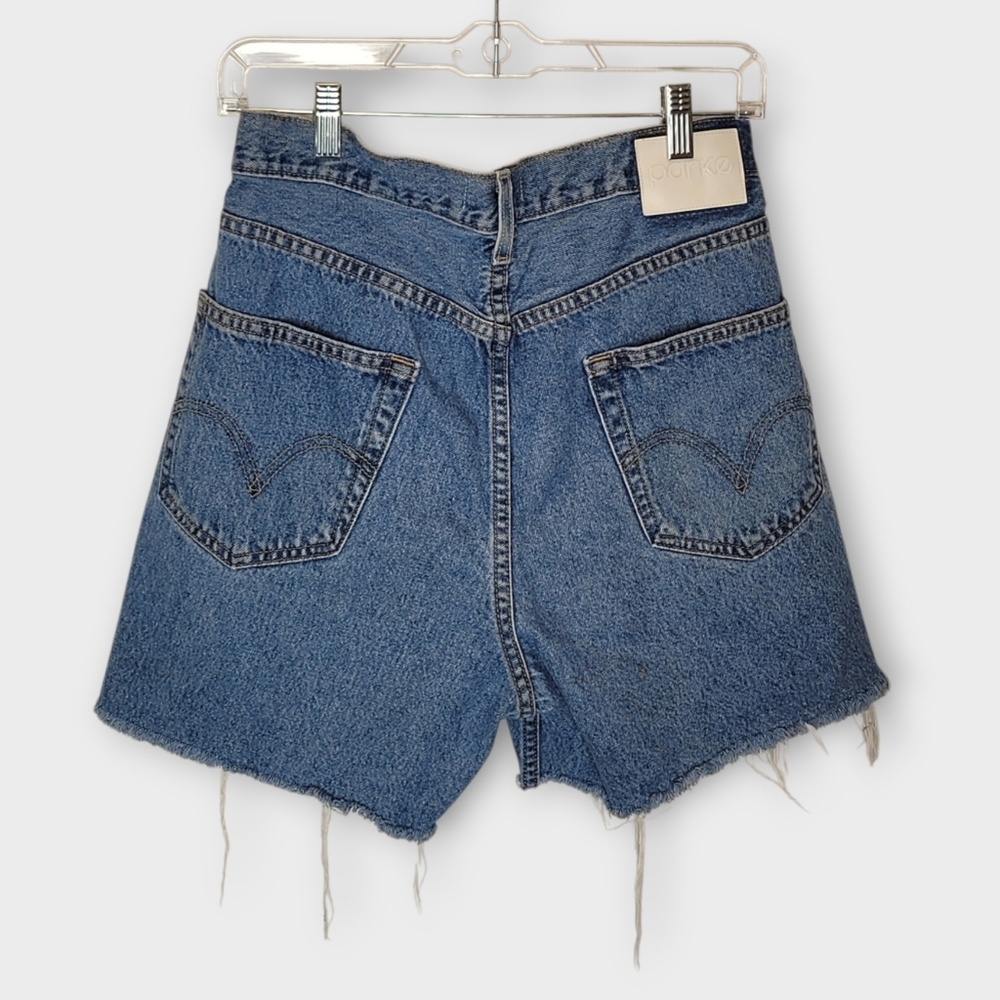 Parke Crossover Denim Shorts S Upcycled Levis Distressed - Picture 2 of 6
